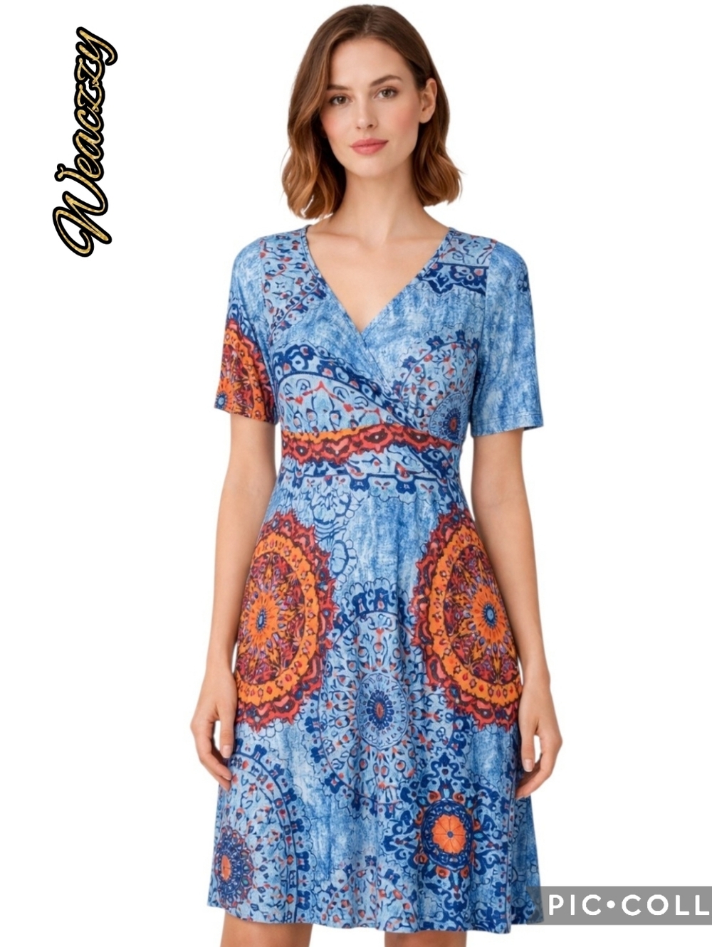 Weaczzy dress midi boho colorful flowing pockets SS stretch gathered sz xl